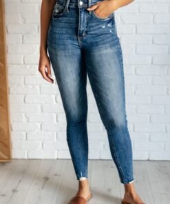 Alba High Rise Control Top Distressed Hem Skinny Jeans - Fashion Are Us, LLC